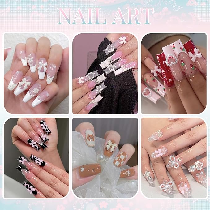 3D Nail Charms for Coquette Nails Design with Rhinestone Glue Set 5, Colorful Nail Bow Charms + Pearl Heart Star Moon Bowknot Nail Jewels + 3D Flowers and Pearls, with Picker Tools for Nail Decor