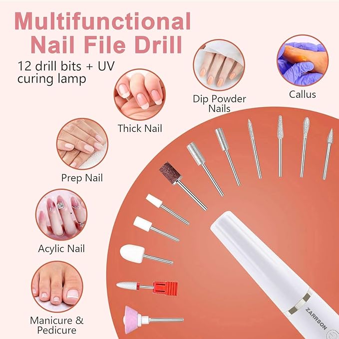 Electric Nail Filer, Professional Nail Drill Kit, Electric Nail Drill Kit, Portable File for Acrylic Gel Nails, Cordless Nail File Electric Manicure Pedicure Tools with Drill Bits for Home Salon