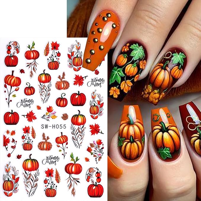 6 Sheets Pumpkin Nail Art Stickers Autumn Maple Leaf Nail Decals Maple Leaves Pumpkin Design Thanksgiving Day Nail Sticker Fall Stickers DIY Manicure Decoration Supplies for Women