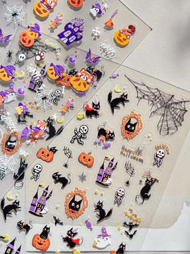 Halloween Nail Stickers 5D Embossed - Self-Adhesive Nail Art with Cute Ghosts, Pumpkins, Cats, Haunted Houses. Easy to Apply, Long Lasting, Perfect for DIY Manicure, Trick or Treat, Home or Salon