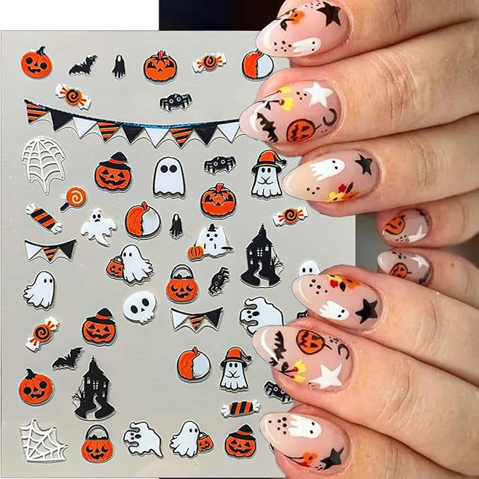 4Pcs Halloween Nail Art Stickers 3D Self Adhesive Cute Spider Ghost Nails Decals Bat Spider Web Maple Leaf Pumpkin Design Fall Nail Stickers Holiday Nails Supplies for Women Halloween Manicure Decor
