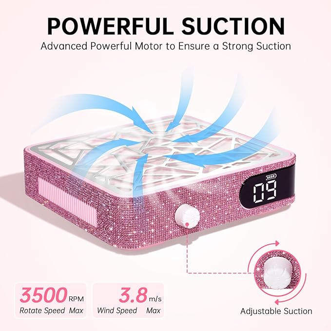 Nail Dust Collector, Powerful Vacuum Fan Vent Dust Collector Extractor Dust Suction Machine for Acrylic Nails Polishing, Nail Salon&Home, Pink Diamond