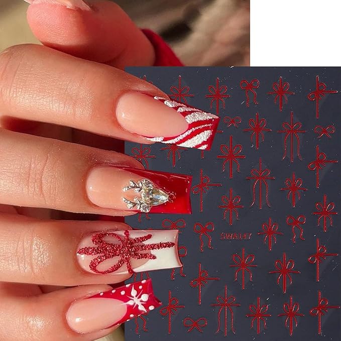 Christmas Nail Art Stickers Bow Nail Decals 3D Self Adhesive Nail Stickers for Nail Art Mixed Shaped Green Red Gold Design Cute Nail Sticker for Women DIY Holiday Manicure Supplies 6 Sheets