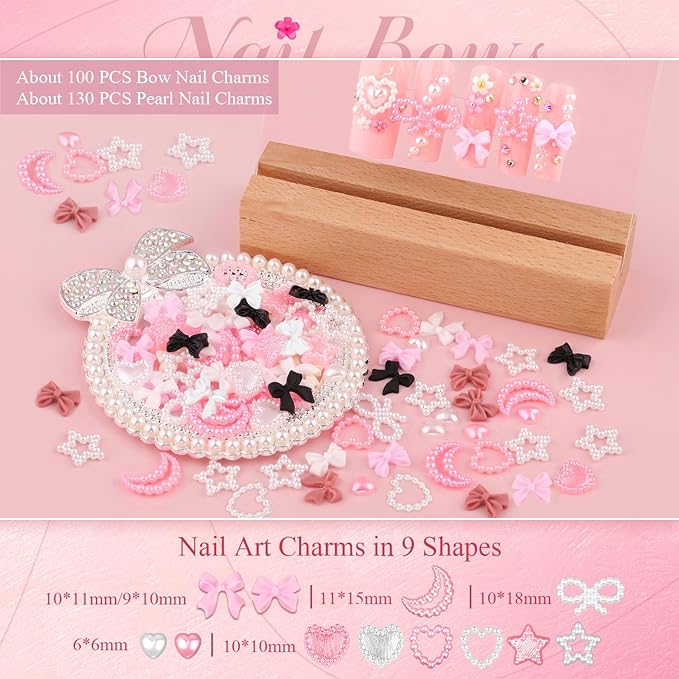 Chunky Nail Charms and Gems Set 1, Girly Coquette Nail Charms + Assorted Pearl Bows Heart Star Moon + Cute 3D Flowers for Nails + Pink & White Flatback Pearls with Pickup Tool for Kawaii Nail Design