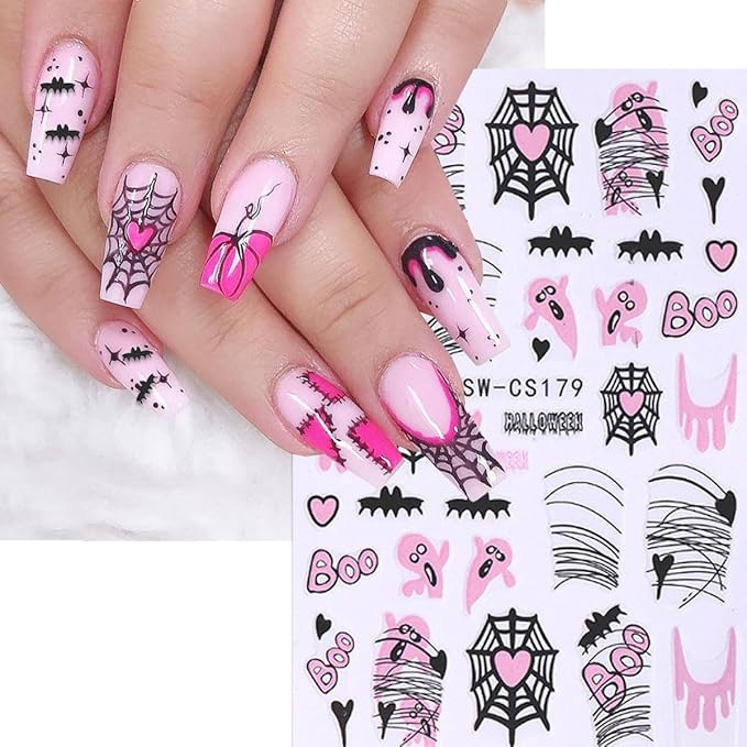 6 Sheets Halloween Nail Stickers Spider Web Nail Art Stickers Ghost Nail Decals Black Pink Red Bat Heart Boo Design Pumpkin Nail Sticker for Nail Art for Women DIY Holiday Salon Manicure