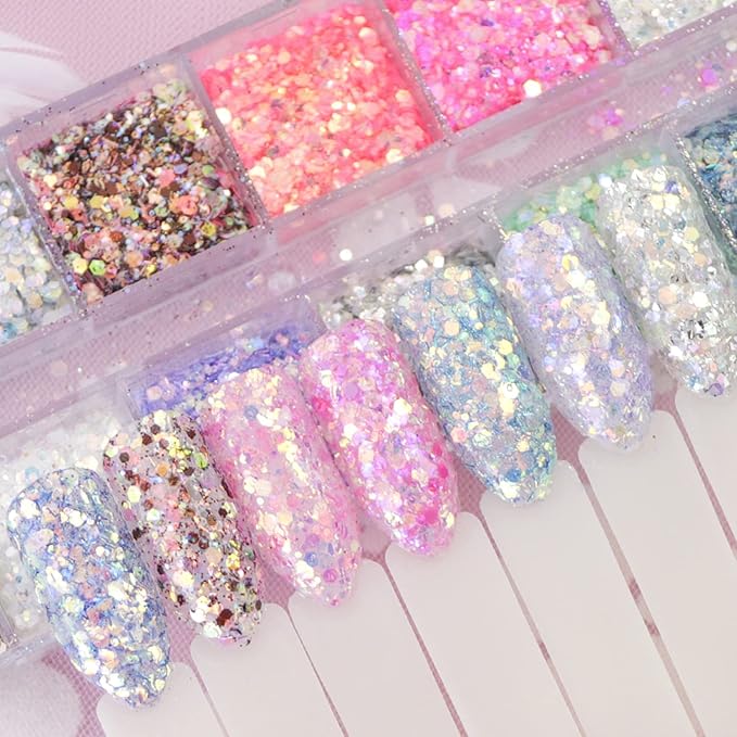 Colorful Glitter Nail Art Sequins, 12 Colors Iridescent Nail Flakes Decorations, Holographic Ultra-Thin Hexagon Powder Nail Art Design for Women Girls Manicure Sparkly Acrylic Supplies, Nail Art Tips