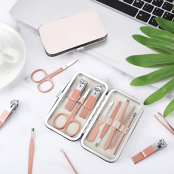 Geosar 12 Sets Manicure Set Nail Clippers Pedicure Kit 8 in 1 Grooming Stainless Steel Kits Nail Care Tools with Travel Case Xmas Gifts Christmas Stocking Stuffers for Men Women(Rose Gold)