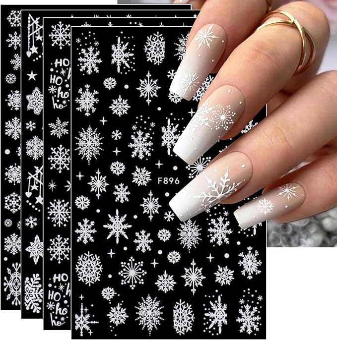 8 Sheets Christmas Nail Art Stickers Decals Self-Adhesive Holiday White Snowflakes Winter Nail Supplies Nail Art Design Decoration Accessories
