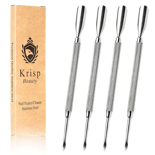 Cuticle Pusher Tools - Professional Nail Cuticle Pusher Cuticle Remover Cuticle Trimmer Spoon Shaped Nail Cleaner Dual Sided Metal Stainless Steel Manicure Pedicure for Women 4 Pack Set Krisp Beauty