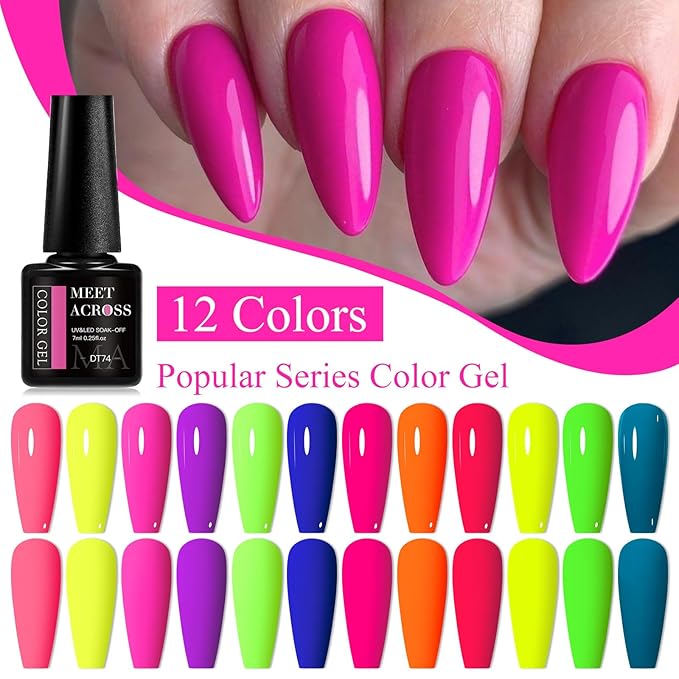MEET ACROSS 12PCS Gel Nail Polish Set, 12 Colors Gel Nail Kit Art Design Soak Off UV LED,Nail Art Design Gifts for Women (SET-1, 12PCS)