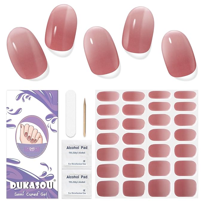 Semi Cured Gel Nail Strips, 28 pcs Gel Nail Stickers, Work with Any UV Lights, Long-Lasting Nail Wraps, Stick on Nails for women Easy to Apply & Remove
