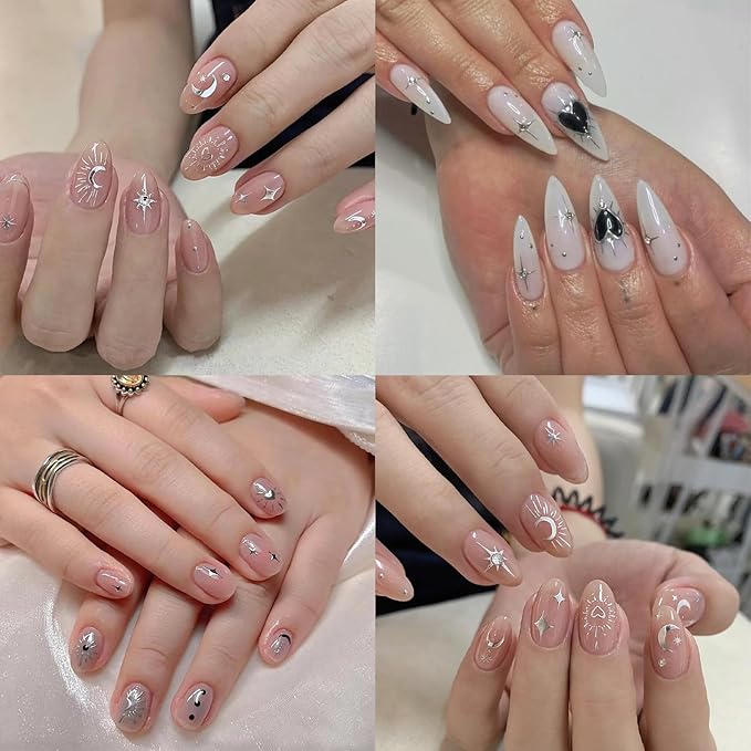 8 Sheets Laser Sliver Sun Moon Star Nail Art Stickers 3D Self-Adhesive Silver Stars Heart Nail Stickers Silver Metallic Hollow Heart Moon Star Design Nail Decals for Women Girls Nail Decorations
