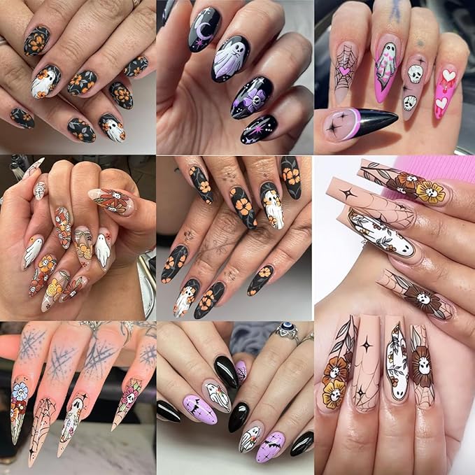 8 Sheets Halloween Nail Art Stickers Decals 3D Self-Adhesive Heart Spider Web Pumpkin Skull Flower Nail Decals Cute Ghost Nails Decorations Gothic Nail Stickers for Women Halloween Manicure Supplies