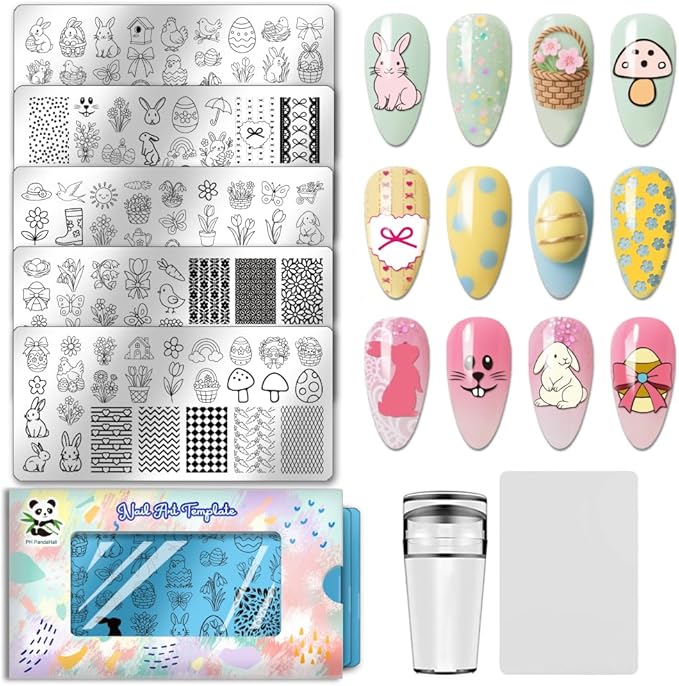 PH PandaHall 5pcs Easter Nail Stamp Plate Cute Bunny Chick Nail Art Template Easter Eggs Nails Image Plates Mushroom Spring Manicures Art Template for Women Holiday Manicure DIY Designs Decorations