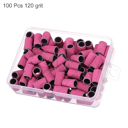HARFINGTON 100pcs Small Sanding Bands 120 Grit for Nail Drill Bits Mini Sanding Band for Nails Gel Manicures Pink