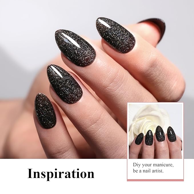 Imtiti Glitter Gel Nail Polish, 0.5 Fl Oz Black Glitter Gel Polish Soak Off LED U V Iridescent Shimmer Sparkle Nail Gel Polish DIY Nail Art Starter Manicure Salon Gel Nail Polish Kit for Women Girls