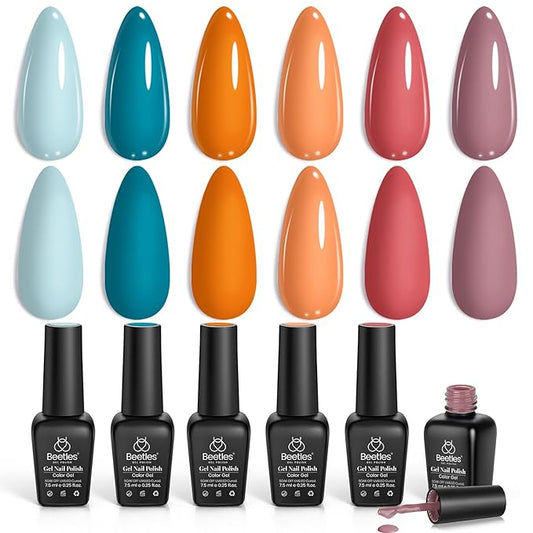 Beetles Fall Gel Nail Polish Set, Hotel California Collection Light Blue Orange Dusty Pink Gel Polish All Seasons Nail Art Manicure Kit Soak Off Uv LED Gel Gift for Girl Women