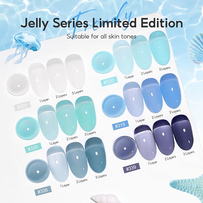 PEACECOLOR Blue Jelly Gel Polish Set, 10ML Transparent Clear Light Blue Collection 6 Colors Jelly Gel Nail Polish Kit for Beginners All Season Home Salon DIY Nail Art Design Gifts for Women