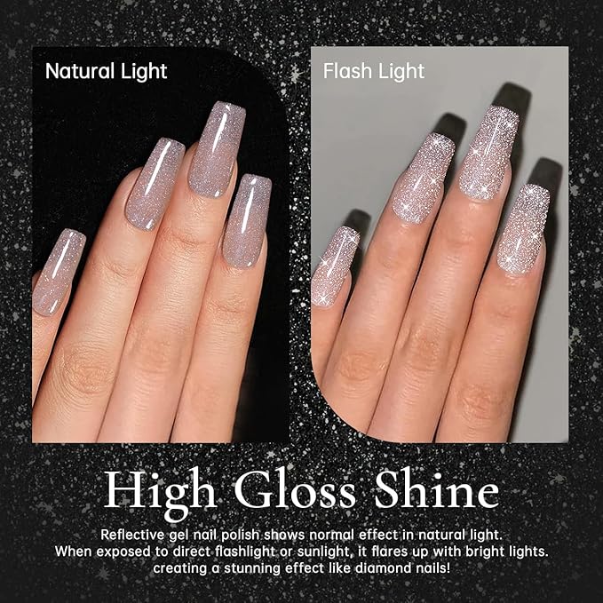RARJSM Reflective Rainbow Glitter Gel Nail Polish Nude Gray Brown Sheer Jelly Gel Polish Flash Diamond Sparkle Silver Shimmer Pigment Soak off Curing Requires 15ml Single Bottle for Home Salon