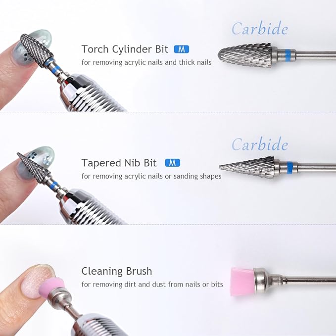 Nail Drill Bits Set, 9PCS Cuticle Cleaner & Carbide Bits for Acrylic Nails, Manicure Pedicure Remover Tools, Professional Nail Salon Supplies, fresas para drill nails - 3/32" Shank