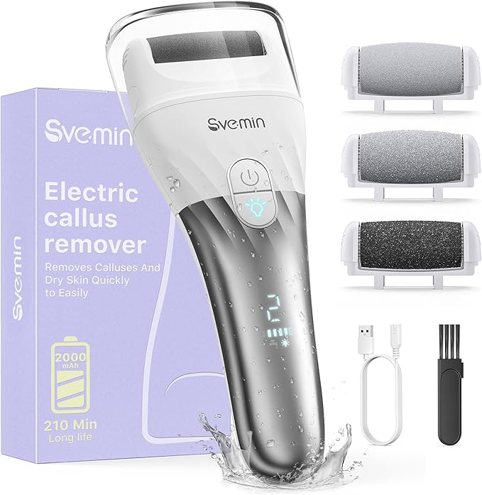 Electric Callus Remover for Feet - 2-Speed Rechargeable Pedicure Kit with 3 Rollers, IPX4 Waterproof Foot Scrubber & Digital Display | Professional Dead Skin & Callus Remover for Women/Men