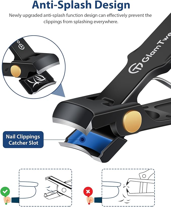 Anti-Splash Wide Jaw Opening Nail Clippers - GlamTweeler Ultra Sharp Extra Large Wide Opening Fingernail and Toenail Clipper with Glass Nail File (Black_Curved)