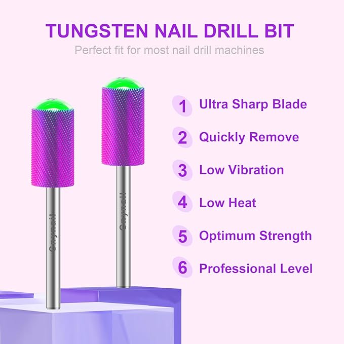 3/32" 2PCS Large Barrel Smooth Round Top Tungsten Carbide Nail Drill Bit Safety Bit for Gel & Acrylic Removal, 2-Way Rotating Efile Tip, Salon Electric File Accessory (XF Grit, Purple)