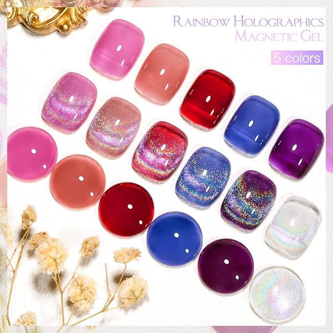 MEET ACROSS Rainbow Cat Eye Gel Nail Polish 5 Colors Jelly Magnetic Cat Eye Gel Nail Polish Set Soak Off UV LED Light Nail Kit Gift Box with Free Magnet Stick for Home DIY Manicure Varnish Art Design