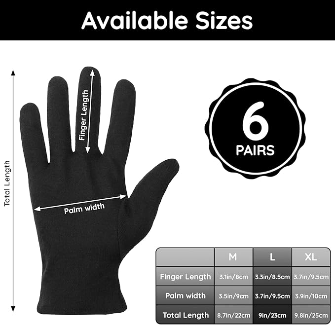 Segbeauty 12 Counts Black Cotton Gloves for Sleeping, 6 Pairs Lotion Hand Moisturizing Cotton Gloves for Dry Hands Overnight, Hand Care Sleep Moisture Glove for Men Dry Hands Reusable Spa Glove Large