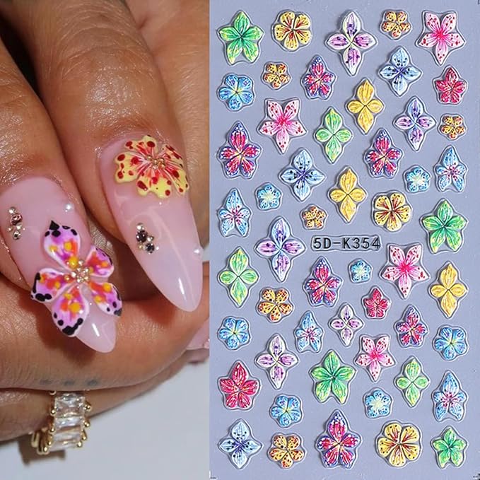 3 Sheets Colorful Flower Nail Stickers, Summer Embossed Lily Nail Decals, 5D Self-Adhesive Nail Design Stickers for Daily Festival DIY Spring Summer Floral Manicure Decoration Supplies