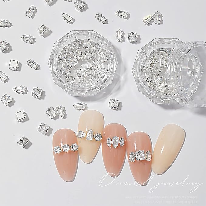 HNUIX 3D Nail Charms and Gems - 120Pcs Copper Metal Zircon, Silver Multiple Shape Smal Crystals Rhinestones, Nail Decorations Accessories for Nails Design