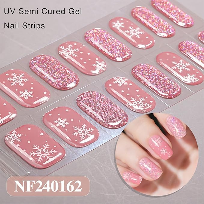 Christmas Semi Cured Gel Nail Strips, 16 Pcs Winter Xmas Gel Nail Stickers Snowflake Designs Pink Glitter Wraps for UV/Led Manicure Lamp Nails Art Decorations