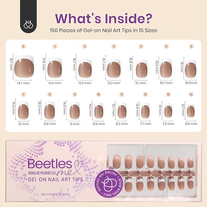 Beetles X Press Plus French Tip Nails - Caramel French | Brown Short Square French Tip Press On Nails | 15 Sizes 150 Pcs Natural Salon Quality Nail Tips
