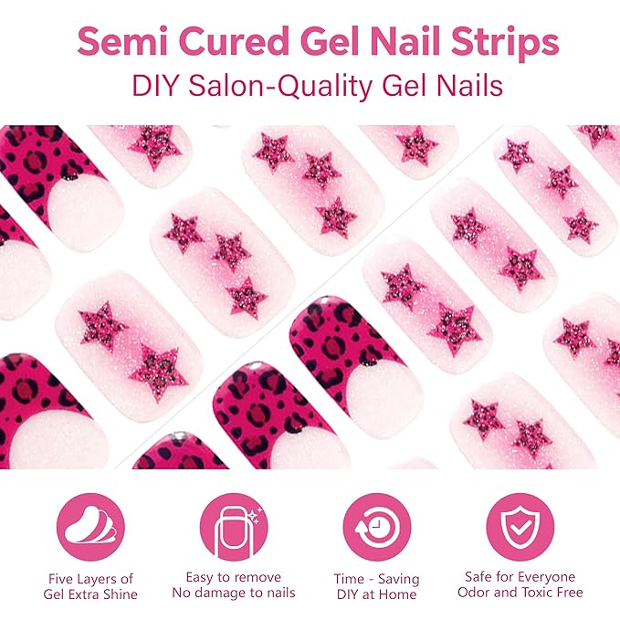 Semi Cured Gel Nail Strips-Sizzling Rose Star & Leopard Design, Fast Cure, Glossy Finish, Durable, Easy DIY Nail Art for Parties & Holidays Works with Any UV/LED Lamps(Starry Wild Child)