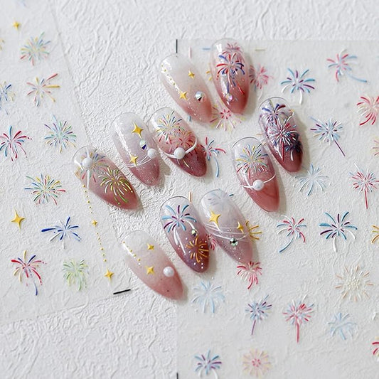 Holographic Firework Nail Art Stickers, Independence Day Patriotic Design, Sparkling Starry Sky Decals for Manicure, 2 Sheets
