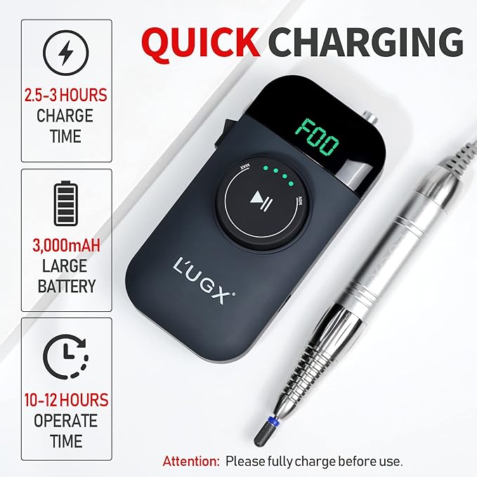 L'UGX Nail Drill 35000RPM Professional Brushless Electric Machine, Rechargeable Cordless Nail Efile for Acrylic Gel Nails, 8Pcs Nail Drill Bits, Low Noise Low Vibration