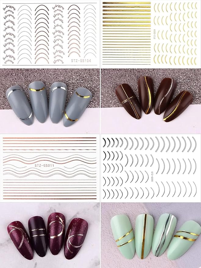 EBANKU 12 Sheets Gold Silver Metal Nail Stickers, Metallic Curve Strip Line Nail Decal Self-Adhesive 3D Wave Design DIY Decoration for Women Girls