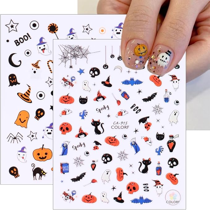 Halloween Nail Stickers for Nail Art 3D Cute Pumpkin Skull Ghost Nail Decals Spooky Design Witch Black Cat Gothic Nail Art Stickers Spider Web Halloween Nail Charms for Nail Decoration Supplies 8Pcs
