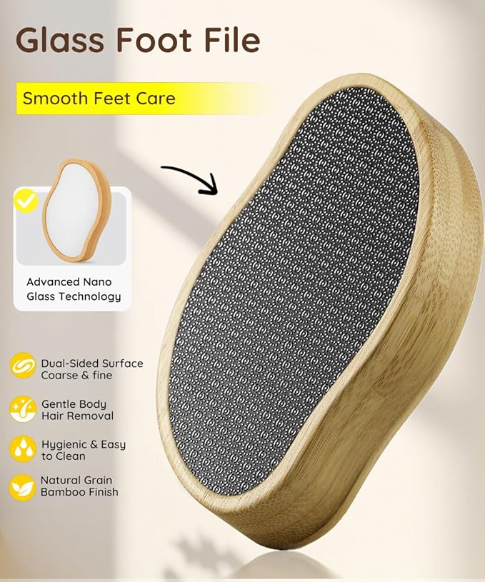 2 Sided Crystal Hair Eraser & Glass Foot File Callus Remover for Woman 2 in 1 - Natural Bamboo Crystal Hair Remover,Nano Glass Foot Scraper Scrubber Dead Skin Removal for Cracked Heels