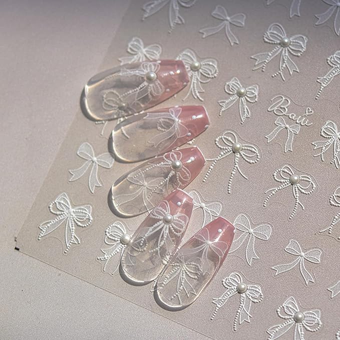 1 Sheets 5D Embossed White Lace Bow Nail Art Stickers Decals Self-Adhesive White Bow Knot Design Nail Stickers Bow Pearl Nail Art Supplies Cute Bow Nail Decals for Women Girl Manicure Decoration