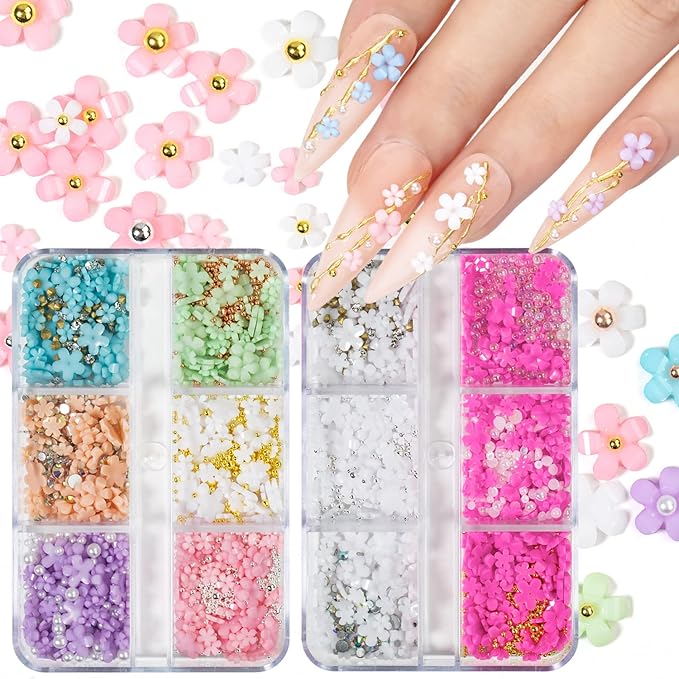 3D Flower Nail Charms - Colorful Flatback Rhinestones in White, Pink, Green, Blue. Acrylic Flowers with Golden Beads & Pearls - DIY Nail Art Supplies