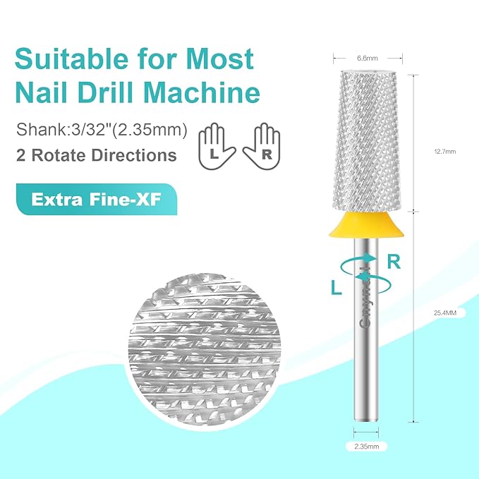 3/32" Large Tapered Barrel Flat Bit Tungsten Carbide Nail Drill Bit Safety Bit for Gel & Acrylic Removal, 2- Way Rotating Efile Tip, Salon Electric File Accessory (XF Girt, Silver)