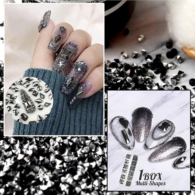 Mine Black Nail Rhinestones Multi Shapes Metallic Black Rhinestones for Nails Flatback Nail Gems K9 Glass Round Beads Stones Diamonds Nail Charms Art for Nails Faces Eyes Makeup Crafts DIY