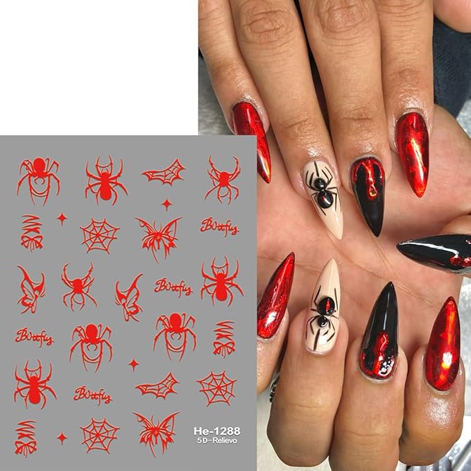 6 Sheets Spider Nail Stickers 3D Cute Black White Red Spider Nail Art Decals Self-Adhesive Halloween Spiders and Spider Web Nails Design Supplies Holiday Stickers for Women DIY Acrylic Manicure Tips