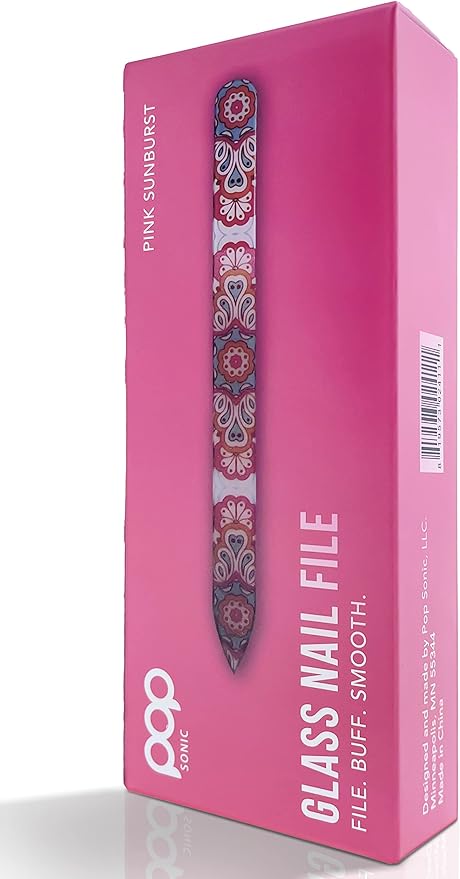 Pop Sonic Double-Sided Glass Nail File | Fingernail Files for Shaping & Smoothing Nails | High-Quality Tempered Glass | Strong, Wear-Resistant Filer w/Protective Carrying Case (Sunburst)