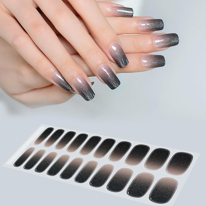 WOKOTO 1 Sheet Semi Cured Gel Nail Strips With Wood Stick, Nail File & Prepared Pads, 20 Tips Black Gradient Glitter Semi Cured Nail Polish Strips, Harden With UV Light Gel Nail Stickers Wraps