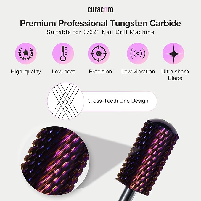 Curacoro Nail Drill Bits 3/32'' - L-Shaped Smooth Stop Barrel Carbide Bit (Coarse) for Professional Finish, Fast Remove, Shape & Smooth Acrylic or Gel Nails, Nail Art Pedicure Manicure Salon & Home