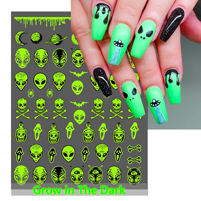 Alien Nail Art Stickers - Glow in The Dark ET UFO Astronaut Rocket Design Self-Adhesive Nail Decals for DIY Extraterrestrial Space Moon Star Manicure (6 Sheets)
