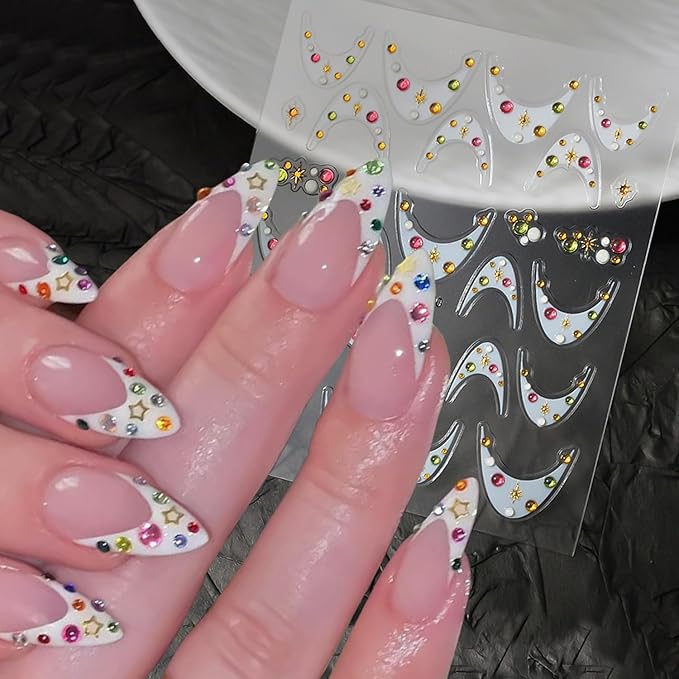 1 Sheets White French Tip Nail Decals for Nail Art 5d Star Diamond Nail Stickers Embossed French Tips Nail Art Stickers Self-Adhesive Colorful Rhinestones Stars Nail Design Sticker for Women