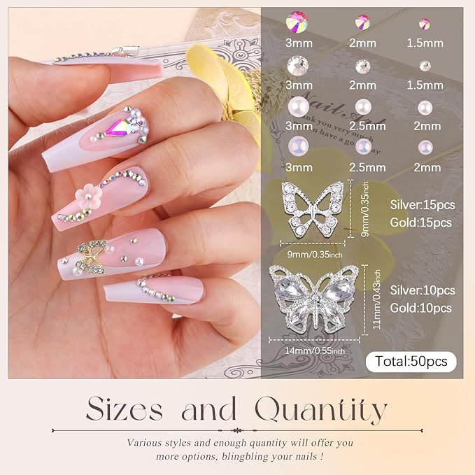 50Pcs 2 Styles 3D Butterfly Nail Charms and Flatback Gems Pearl, Silver+Gold Shiny Luxury Gems, Crystal Jewels Studs with Rhinestones for Nail Design, Nail Art Decoration Set for Acrylic Nails